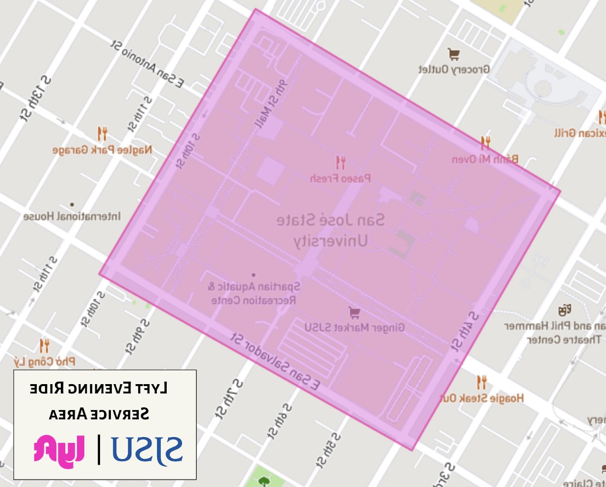 map of sjsu with pink highlight of campus and vicinity to show the borders of the lyft service