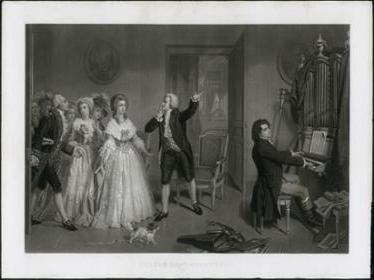 Drawing of Beethoven entertaining guests by playing the piano